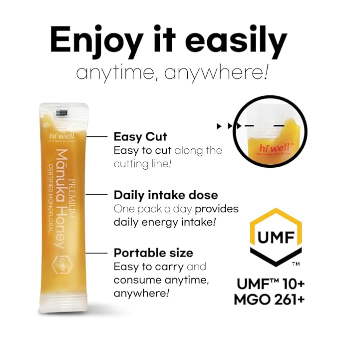 Hi Well Premium New Zealand 100% Manuka Honey | Monofloral Pure Raw Honey | UMF MGO Certified | Easy to take12g x 30 sticks | 12.6Oz(360g) (UMF 10+)