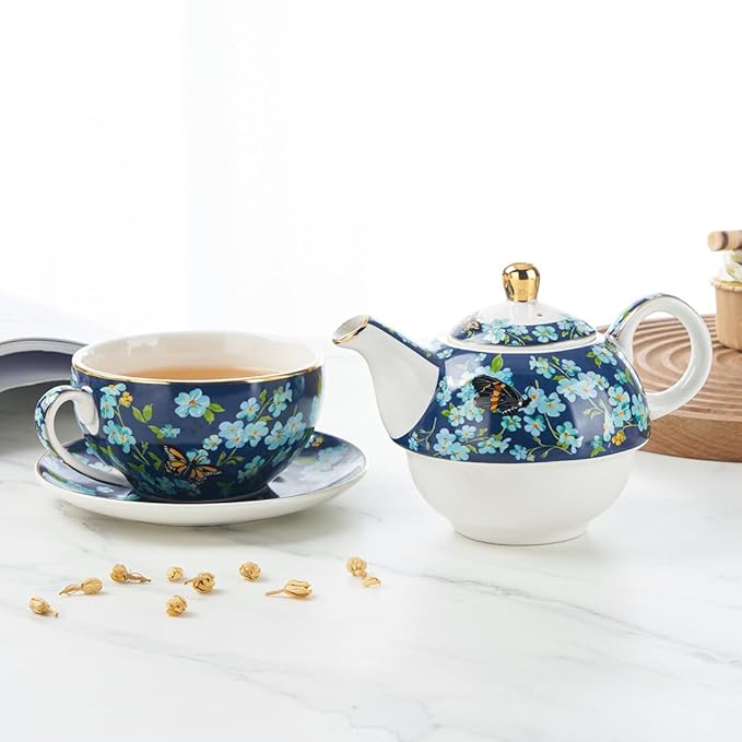 Tea for One Porcelain Teapot and Cup Set, Tea Set for One, Floral Teapot, Tea Set Gift for Women, Butterfly Blue