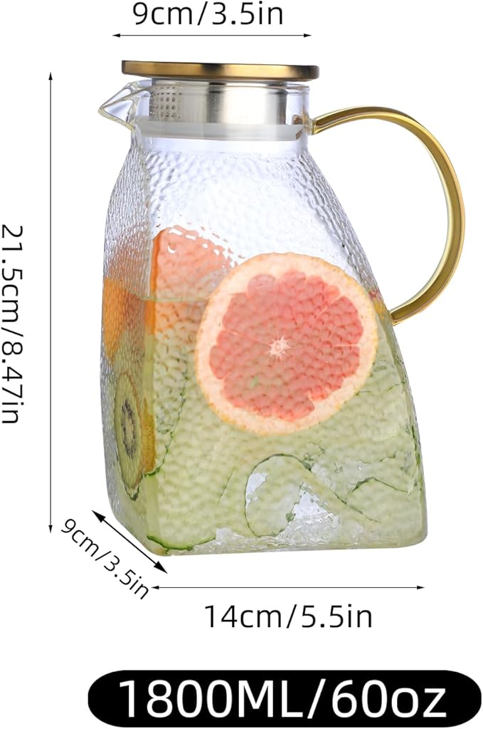 Glass Pitcher with Lid 1.8L, Borosilicate Glass Water Jug for Refrigerator Door, Hot & Cold Beverages, Leak-Proof Stainless Steel Lid with 2 Filter Holes for Iced Tea, Juice, Coffee, Milk