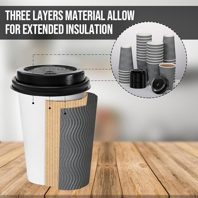 16 oz Coffee Cups with Lid, 500 Pack Disposable Coffee Cups Insulated Ripple Paper Cups for Water, Juice, Coffee (Gray 16 oz)