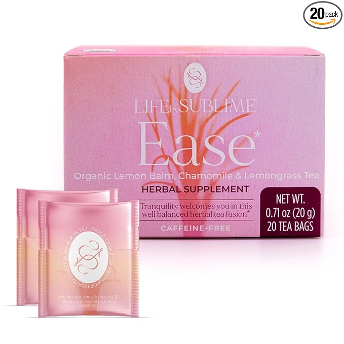 Life by Sublime - Ease USDA Organic Lemon Balm Chamomile Tea, 20 Tea Bags, Caffeine-Free Calm Sleep Tea, Promotes Relaxation, Stress Relief, and Restful Nights, Premium Brazilian Harvest