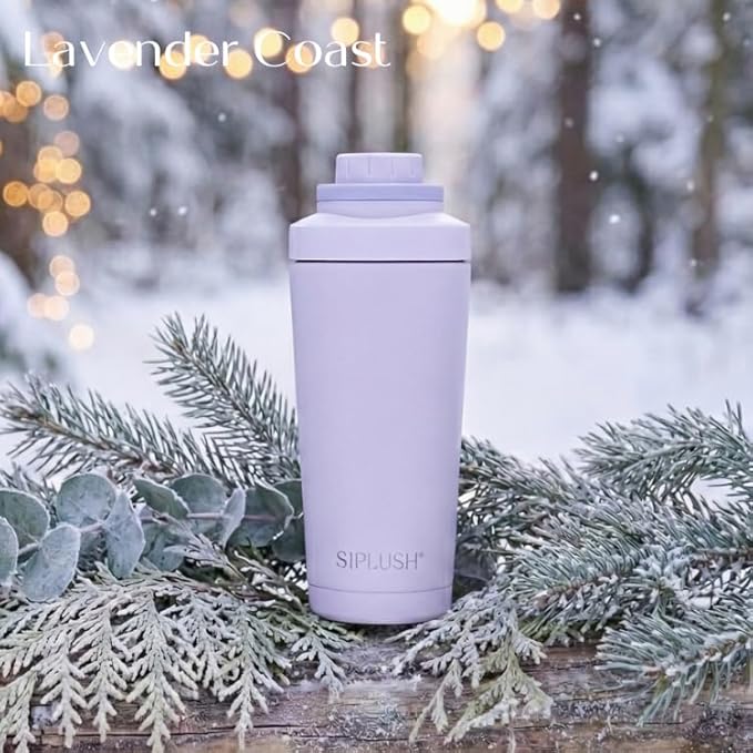 Paradise Shaker Bottle 24 oz, Insulated Stainless Steel Protein Shaker, Dishwasher Safe, with Lid Brush & Protective Boot, Leakproof Twist-Off Chug Cap, Lavender Coast