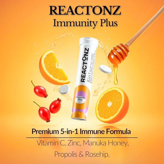 5 in 1 Immunity Plus – Immune Support & Antioxidant Supplement – Vitamin C, Zinc, Manuka Honey, Rosehip & Propolis – Natural Zesty Orange Flavor – 60 Day Supply Effervescent Tablets