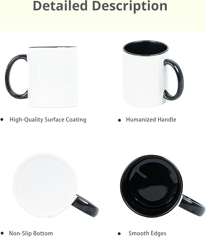 11oz White Ceramic Sublimation Coffee Mug With Solid Colors Inside and Handle(12, Black)