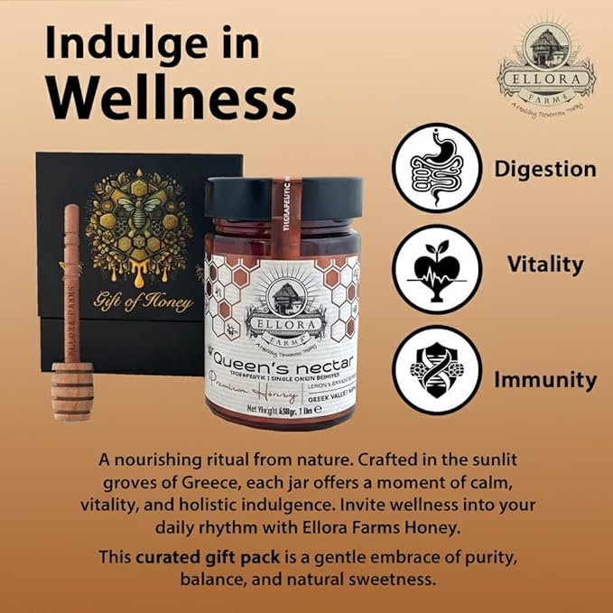 Ellora Farms Greek Honey, Lemon & Orange Blossom Raw Unpasteurized Honey, 2025 Paris Platinum Award, Non-GMO and Unpasteurized, Gift Pack with Dipper - 450g (16oz)