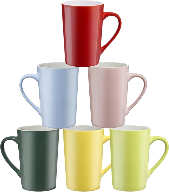 Multi-Coloured Ceramic Mugs Set of 6-13.5oz / 400ml -Coffee Mugs-Cappuccino-Tea Cups- Hot Chocolate Cups (Red, Blue, Yellow, Green, Pink, Blackish Green, Large)