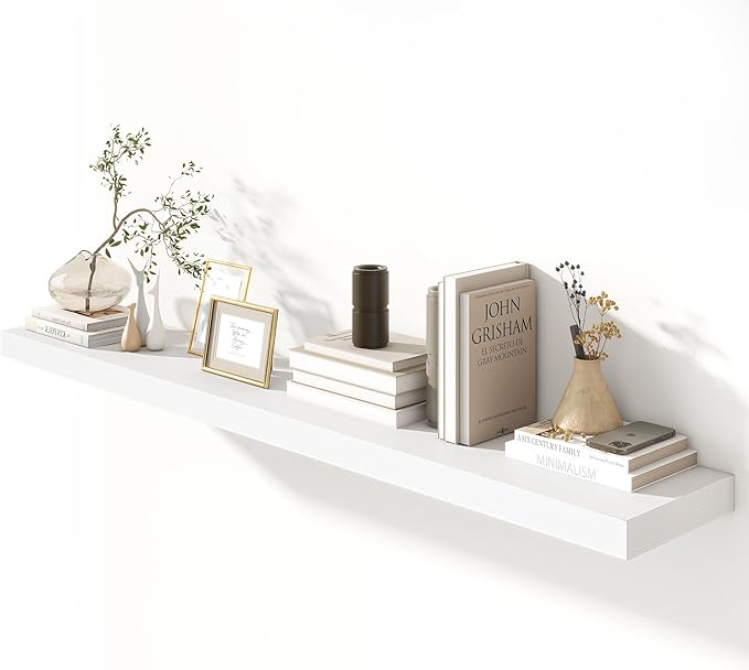 72 Inch White Floating Shelf | 12 Inch Deep Floating Shelves Set of 1 | 72" D x 12" D Rustic Wood Shelves for Wall | Deep White Shelves for Living Room Bathroom Laundry Room Kitchen