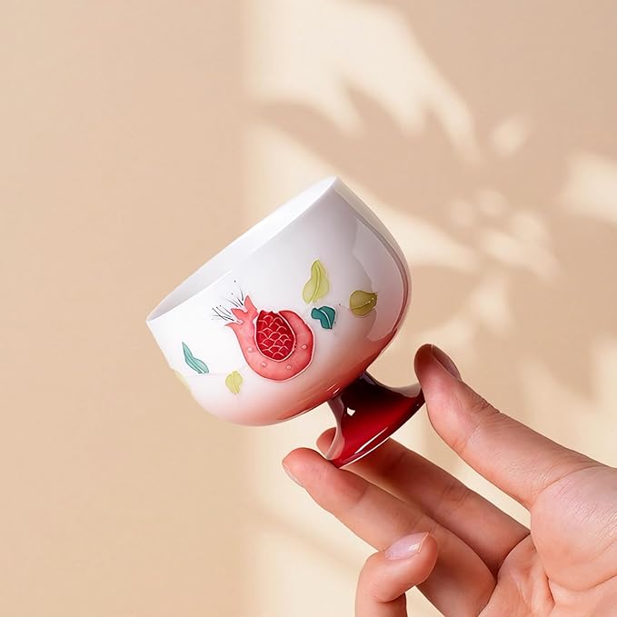 KAMMAK Tea Cup, 3oz Small Tea Cups Set of 2, Gradient Red Porcelain Tea Set for Home, Tea Party, Cute Hand-painted Ceramic Teacups with Short Stem, Chinese Kungfu Tea Set for Hot/Cold Drink