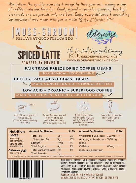 Elderwise Coffee Spiced Latte | Powered by Pumpkin & Mushrooms | Sea Moss, Chaga, Lion's Mane, Reishi | 8 Servings - Freeze Dried Instant - Chemical free - Fair Trade