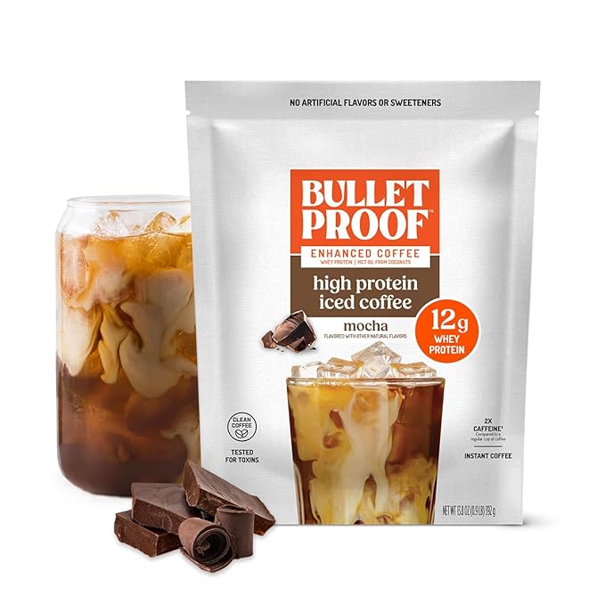Bulletproof Mocha High Protein Iced Coffee, 14 Servings, 12g Whey Protein Instant Coffee, No Artificial Flavors & Sweeteners, 170mg Caffeine Per Serving, Creamy Latte
