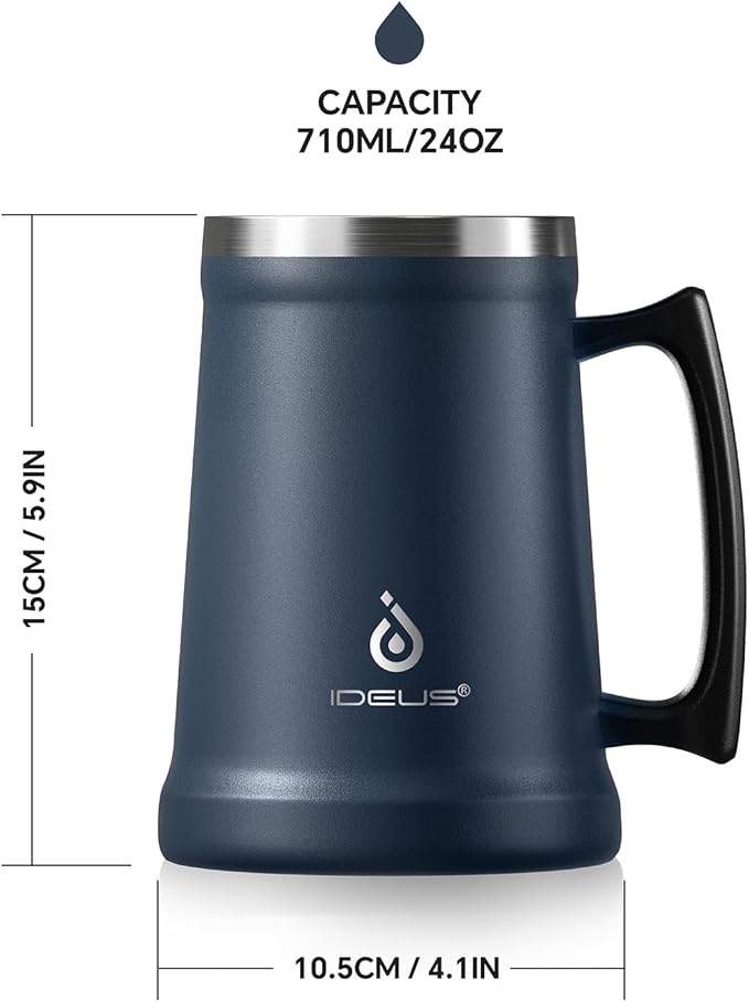 Ideus Insulated Beer Stein, 24/32oz Stainless Steel Double Walled Beer Mug Giant Bar Drinkware Metal Beer Cup with Big Grip Handle (Navy Blue, 24oz (710ml))