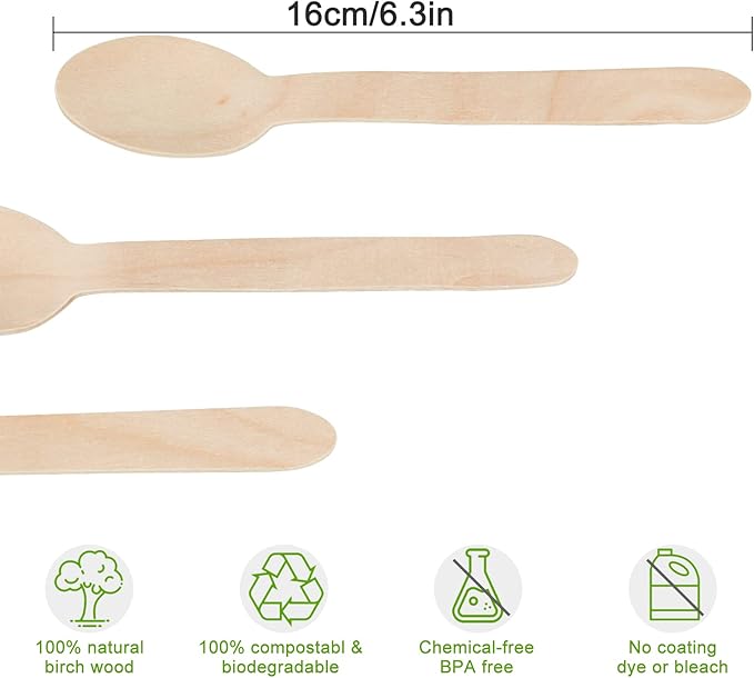 200PCS Wooden Spoons for Eating - 6.3" Bamboo Spoon Bulk, Compostable Spoons for Coffee & Hot chocolate, Biodegradable Disposable Spoon for Weddings, Parties, Catering and Craft Projects