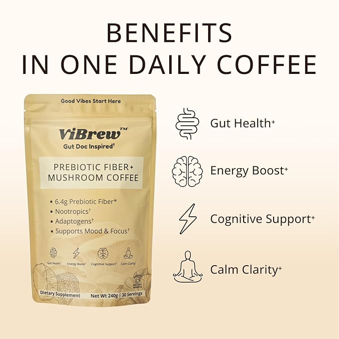 Mushroom Coffee 2800mg – Organic Instant Arabica with Adaptogenic Mushrooms, Prebiotic Acacia Fiber 6400mg, Matcha, L-theanine for Focus, Energy, Digestion & Immune Support (30 servings)