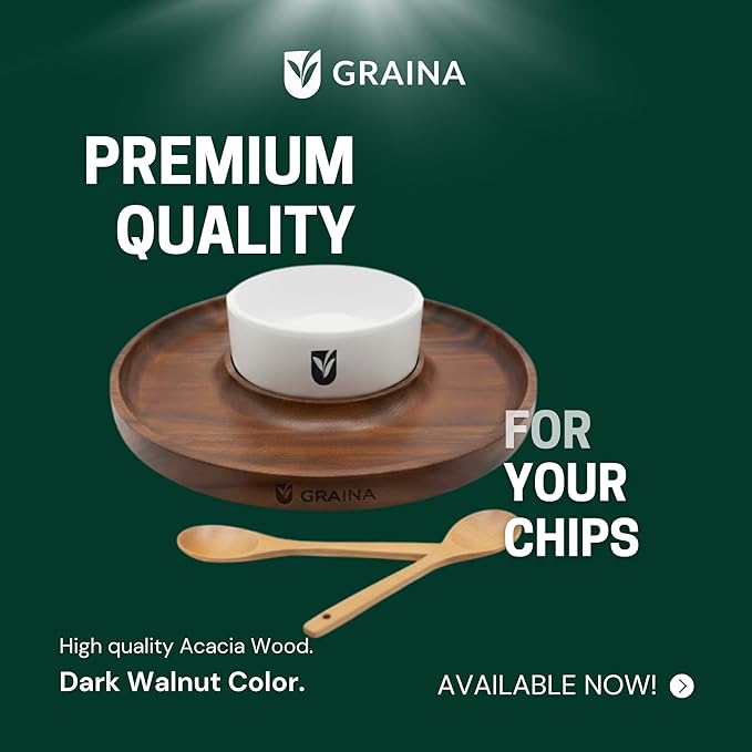 Graina Premium Wooden Chip and Dip Serving Tray Set – Dark Walnut Large Serving Tray with Ceramic Dip Bowl & 2 Wooden Spoons – Chip and Dip Bowl Set for Chips, Snack & Entertaining | Appetizer Platter