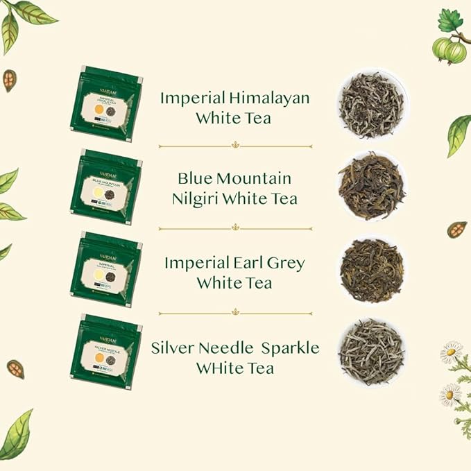 VAHDAM, Assorted White Tea Sampler Gift Set, Gluten Free, Non GMO - 4 Unblended White Loose Leaf Tea Sampler | Tea Variety Pack | Christmas Tea Gift Set