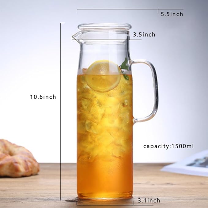 hjn Glass Water Pitcher with Lid Glass Water Carafe with Handle, Fridge Water Jug for Cold or Hot Beverages,Iced Tea,Milk,Juice 1500ml/51oz & glass lid