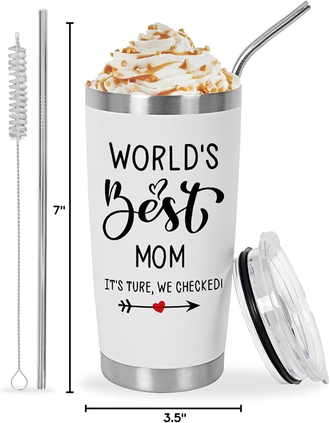 Mothers Day Gifts for Mom Women from Son, Daughter, World's Best Mom Gift for her Ideas Thank You Present - 20 OZ Travel Coffee Tumbler