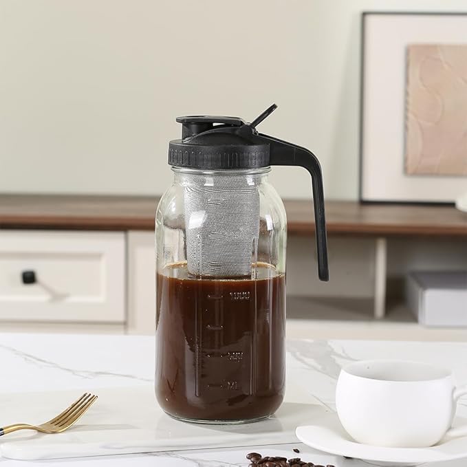 Glass Tea Pitcher with Airtight Lid Leak Proof Mason Jar with Stainless Steel Filter Glass Empty Jar for Water, Tea and Juice (Black)