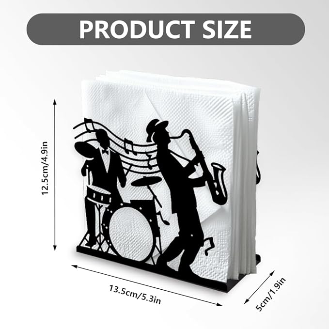 Jazz Live Performance Decorative Black Metal Napkin Holder for Table, 5.3" x 4.9" x 1.9" Sheet Music Standing Napkin Holder for Home Kitchen Restaurant Picnic Party Coffee Bar Dining Room