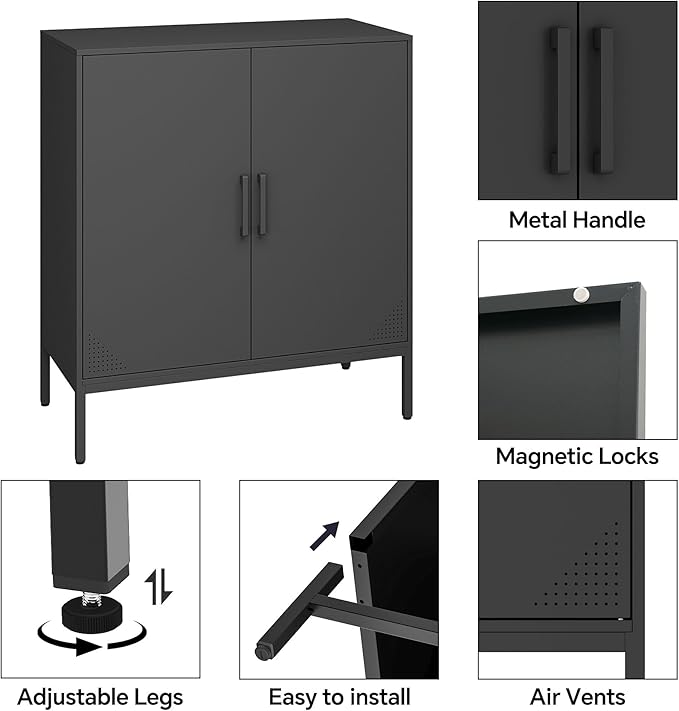 Metal Storage Cabinet with Adjustable Shelves, Steel Buffet Sideboard for Entryway, Living Room, Dining Room, Kitchen, Office, Bar (Black, 31.5" D x 15.75" W x 35.43" H)