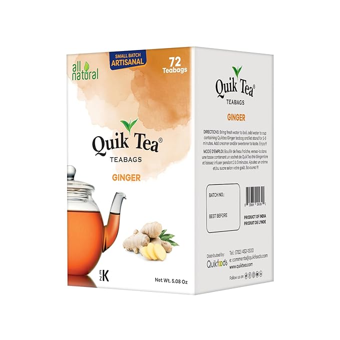 QuikTea Ginger Chai Tea Bags - 72 Count - All Natural, Preservative Free - Non-GMO - Easy To Brew Ginger Chai Tea Bags