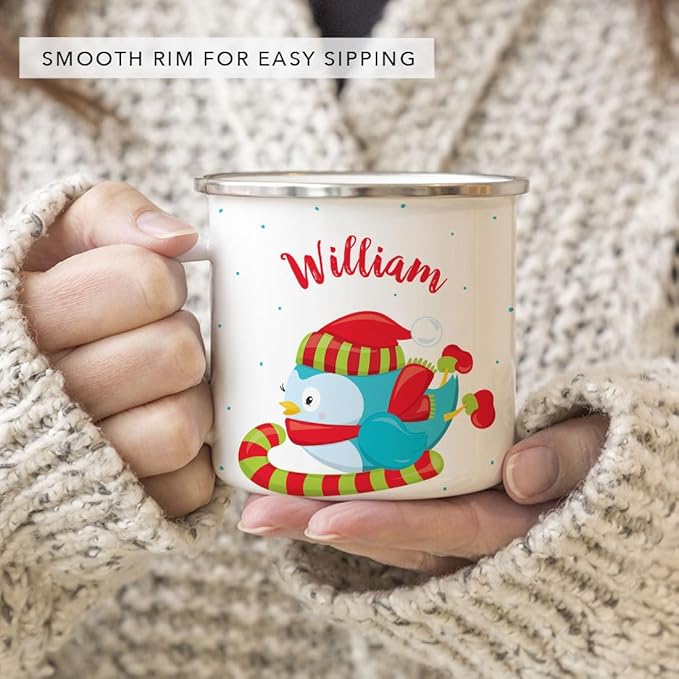 Andaz Press Personalized Name 11oz. Kids Christmas Hot Chocolate Stainless Steel Campfire Coffee Mug, Festive Blue Owl Candycane, 1-Pack, Custom Child’s Birthday Xmas Cup