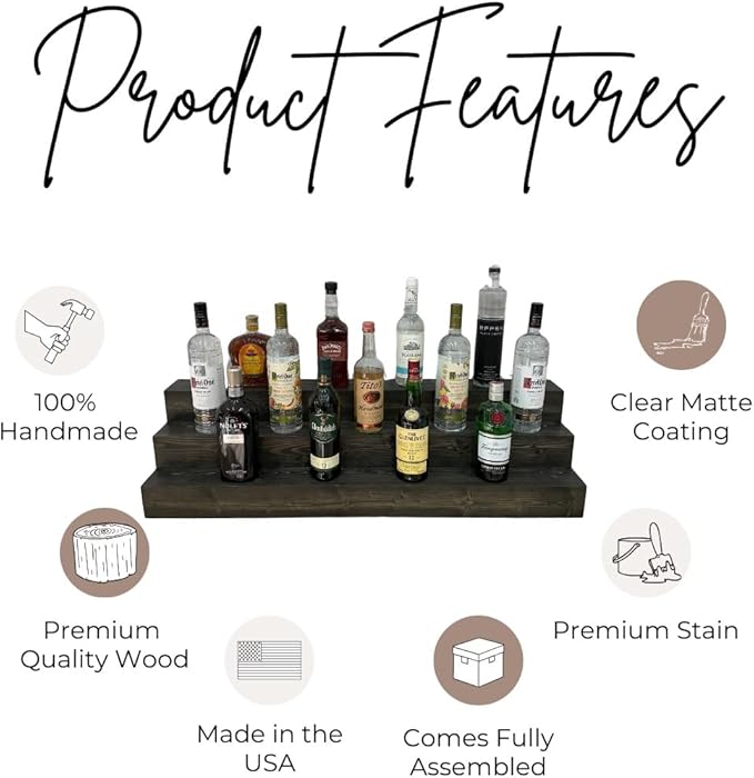 Handmade Tiered Display Shelving - Three Tier Bar Display - Bar Organizer - Liquor Bottle Display (18" with Back, Black)