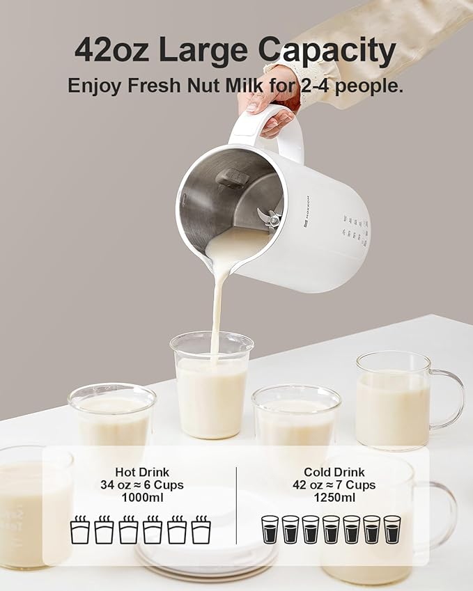 MOKKOM 9 in 1 Nut Milk Maker, 42oz Automatic Almond Milk Machine for Homemade Plant-Based Milk, Oats, Soy, Dairy Free Beverages, Soy Milk Maker with Delay Start/Keep Warm/Self-Cleaning/Boiling, White