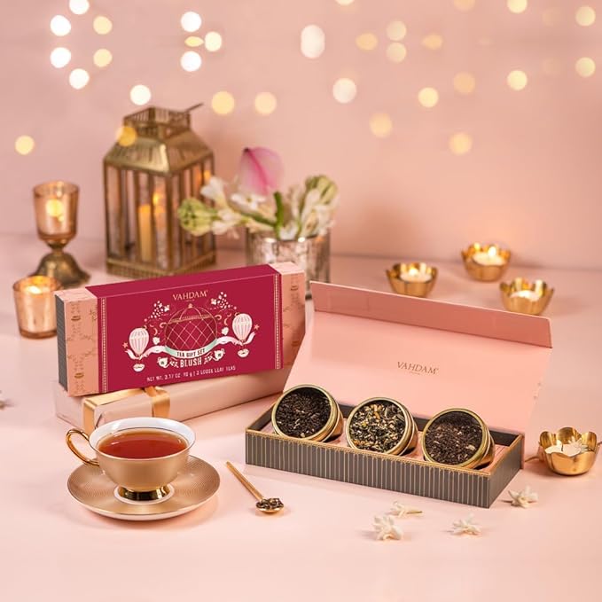 VAHDAM, BLUSH - Assorted Christmas Tea Gift Set for Women (3 Premium Teas) Tin Caddy Presentation Box | Loose Leaf Teas | Gluten Free & Non GMO | Gifts for Her | Holiday Tea