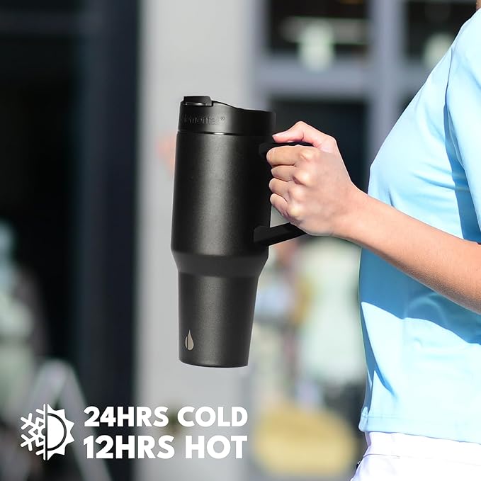 Elemental 32 oz 100% Leak Proof Tumbler with Handle & Straw - Stainless Steel Double Wall Insulated Tumbler for Hot and Cold Beverages - Travel Coffee Mug with Sip & Straw Lid - Black