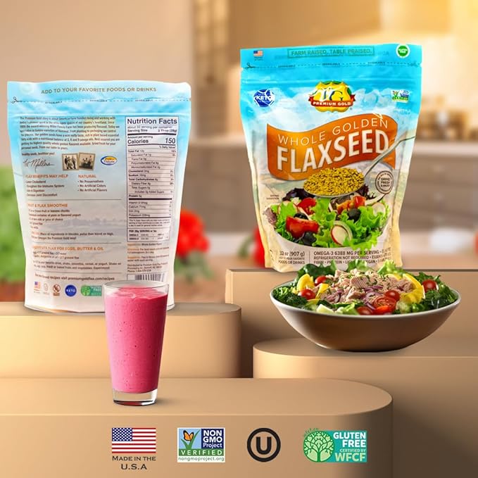 Premium Gold | Whole Flax Seed | 2 lbs. | Gluten-Free, Non-GMO, Kosher, Raw Seeds, Excellent Source of Fiber, Source of Omega-3, Plant-Based Protein, No Preservatives, No Additives
