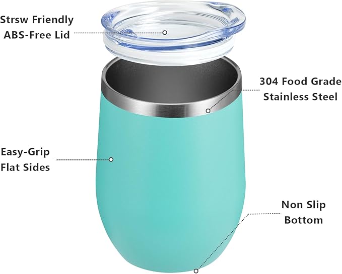 MEWAY 12oz/8 Pack Wine Tumbler Glasses with Lid - Stemless Double Wall Vacuum Stainless Steel Travel Tumbler - Keeping Cold & Hot for Wine,Coffee,Cocktails,Gifts (Light green,Set of 8)