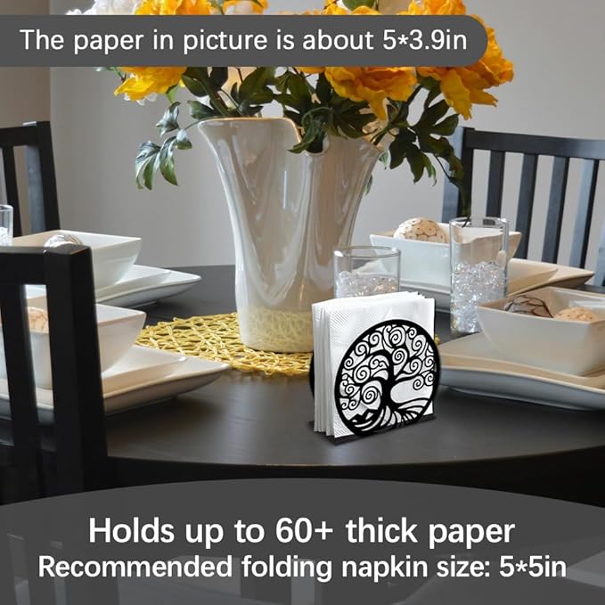 Tree of Life Decorative Black Metal Napkin Holder for Table, 5.3" x 4.9" x 1.9" Tree Standing Napkin Holder for Home Kitchen Restaurant Picnic Party Coffee Bar Dining Room
