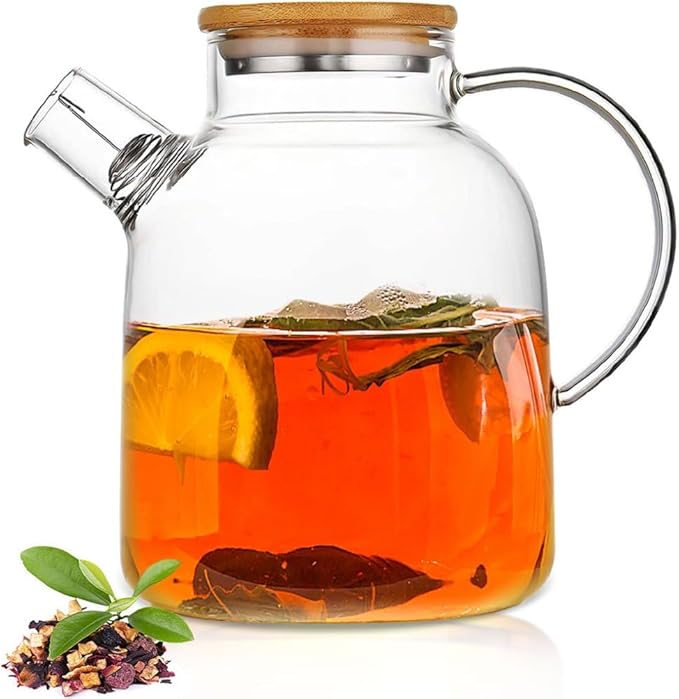 60.8oz Glass Teapot, Stovetop & Microwave Safe Glass Borosilicate Tea Pot,Clear Teapot with Strainer, Glass Tea Kettle with Wooden Lid, Loose Leaf、Fruit Tea and Fragrant Tea
