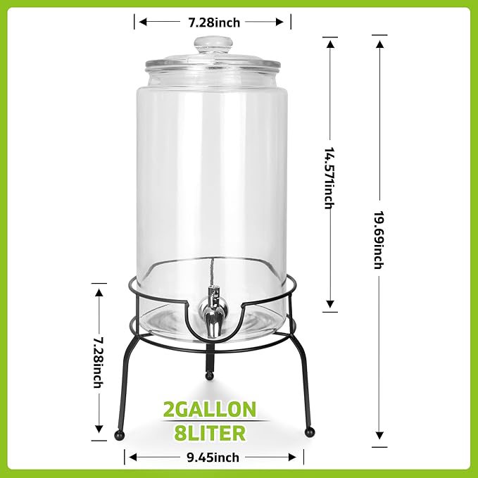2 Gallon Beverage Dispenser 1 Pack, Stainless Steel Spigot Drink Dispenser for Parties with Stand, Clear Glass Drink Container Easy to Refill and Clean