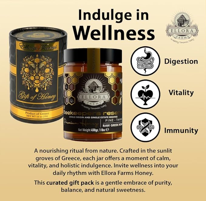 Ellora Farms Greek Honey Single Estate PDO, Pine & Thyme Raw Honey Unfiltered, Beautiful Gift Pack with Dipper, Beekeepers Reserve, Pure Raw & Unfiltered Cold-Pressed, Gluten Free - 450 g