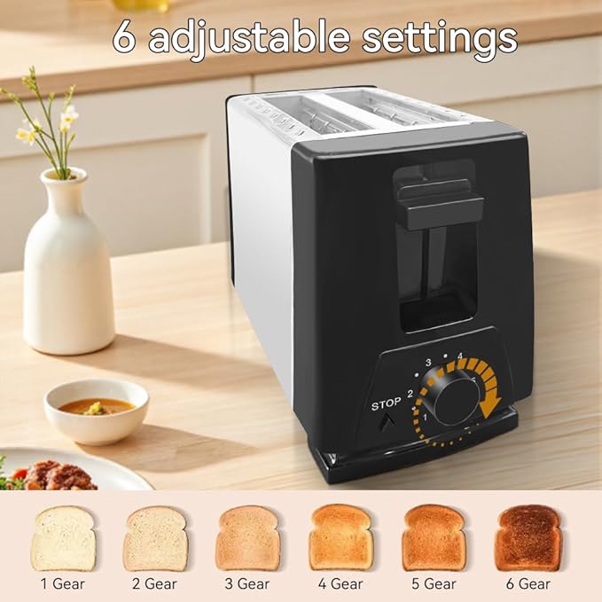 Sleek 2-Slice Toaster with Wide Slots – 6 Adjustable Settings, Defrost for Frozen Bread, Removable Tray, Compact Stainless Steel Design – Modern kitchen appliances Essential (Black)