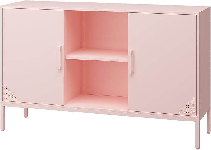 Metal Storage Cabinet,Metal Pink TV Stand,Coffee Bar Buffet Cabinet Kitchen Sideboard Storage with Adjustable Shelves for Living Room Bedroom
