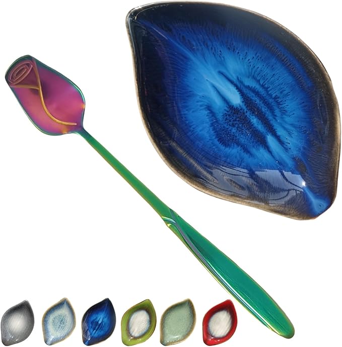Coffee Spoon and Rest for Coffee Bar Accessories, Leaf Small Spoon Rest for Coffee Station, Tea Spoon Rest Tea Spoon Holder Teaspoon Rest, 1 PC (Retro Sapphire with Rainbow Rose Spoon)