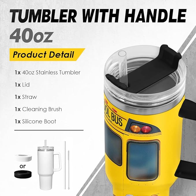 SANDJEST School Bus Driver Gift, 40oz Stainless Steel Insulated Coffee Tumbler With Lid & Straw, Travel Mug Appreciation Gift for Men Women Christmas Birthday Back To School