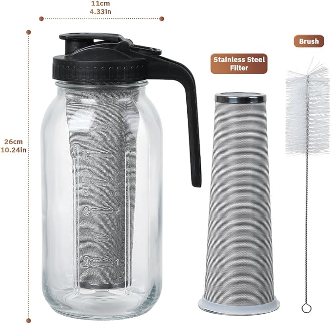 Glass Tea Pitcher with Airtight Lid Leak Proof Mason Jar with Stainless Steel Filter Glass Empty Jar for Water, Tea and Juice (Black)
