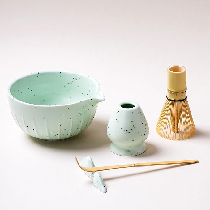 7Pcs Japanese Matcha Tea Set, Matcha Kit with Matcha Bowl (with Pouring Spout), Matcha Whisk, Whisk Holder, Strainer - Elegant Matcha Set for Gifting and Personal Use, Gift Box Packaging (Green spots)