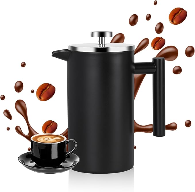 YOLIFE 34 OZ Large French Press, Premium Stainless Steel Sturdy Insulated French Press Coffee Maker, 4-8 Cups French Coffee Press, Tea Presses for Home Kitchen Caming Loose Tea, Elegant Black