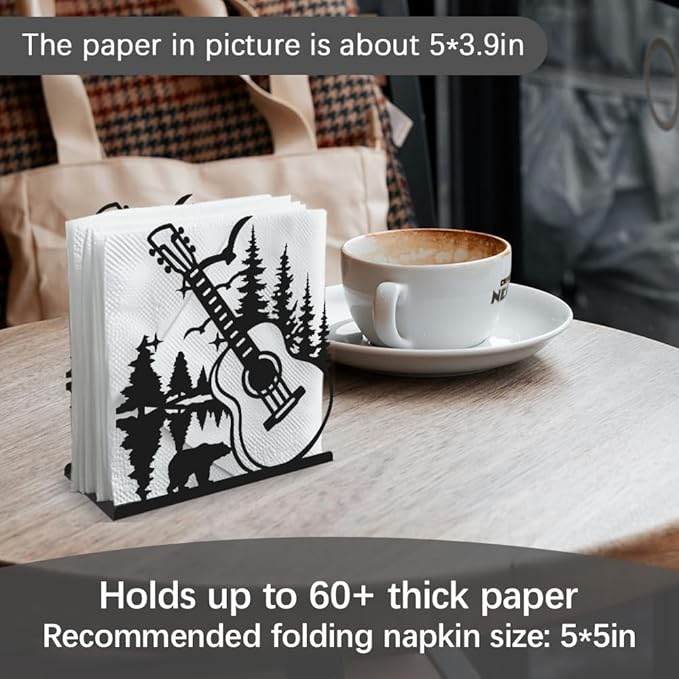 Guitar Forest Decorative Black Metal Napkin Holder for Table, 5.3" x 4.9" x 1.9" Music Tree Standing Napkin Holder for Home Kitchen Restaurant Picnic Party Coffee Bar Dining Room