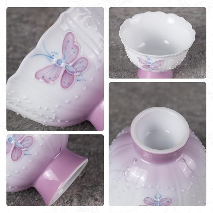 KAMMAK Tea Cup, 1.3oz Mini Porcelain Tea Cups Set of 2, Ceramic Teacups with Short Stem, Cute Teacup Set for Home, Tea Party, Chinese Kungfu Tea Set for Hot/Cold Drink (Purple Curtain Butterfly)