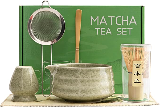 Matcha Set, Matcha Bowl with Spout, Matcha Whisk and Holder, Bamboo matcha Scoop and Stainless Sifter - 7 Pcs Jade Green Matcha Set Kit for Matcha Lover