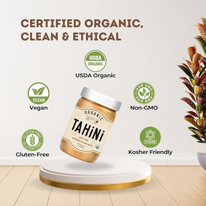 Organic Tahini Paste 16 oz (1lb) - Unhulled White Sesame Tahini Dressing - USDA Certified, Gluten Free, Kosher - Creamy Organic Tahini Sauce for Dressigns, Dips, Spreads & Hummus - The Holly Tree