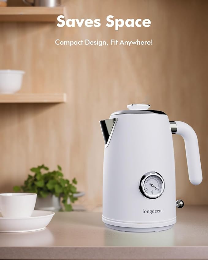 Retro Electric Tea Kettle 1L, Stainless Steel Water Boiler with Built-in Thermometer, BPA-Free, Fast Boil, Auto Shut-Off, Perfect for Home, Office, Dorm, Pure Water, Drip-Free Spout, White