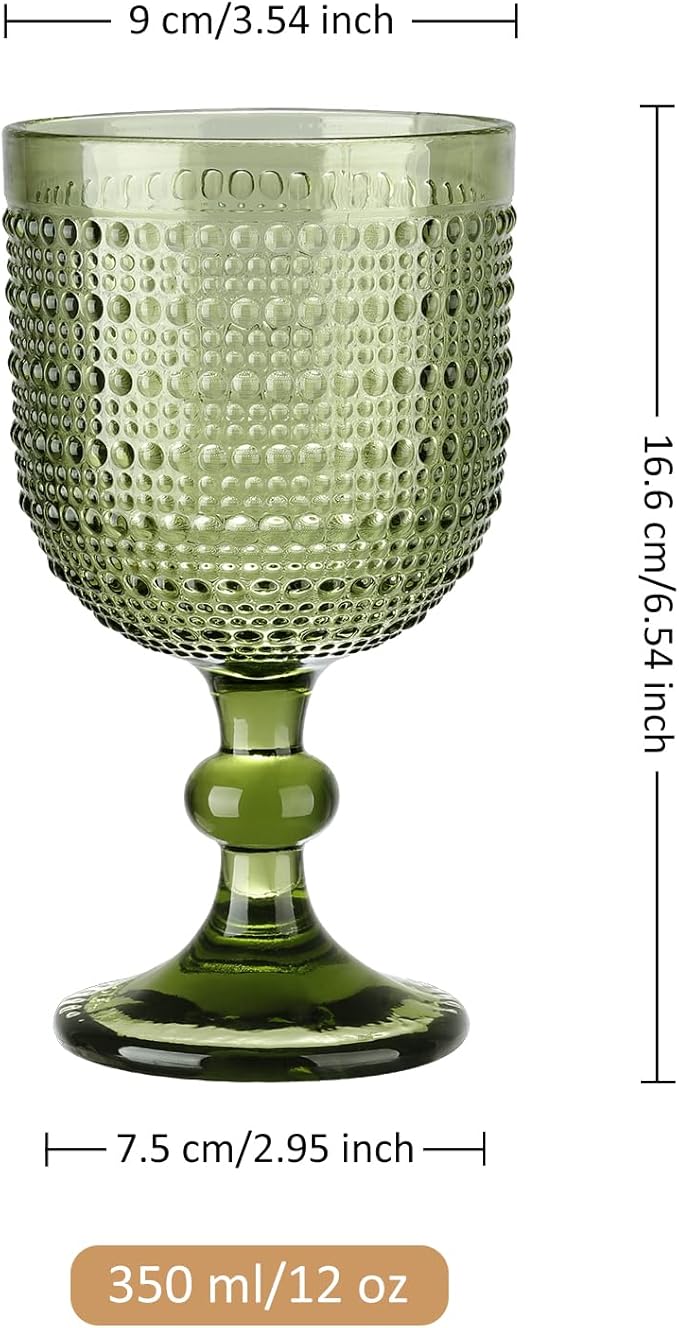Joeyan Green Vintage Wine Goblet Glasses,Embossed Colored Stemmed Glass Cups,Hobnail Stemware Drinking Glasses,Romantic Beaded Glassware for Water Juice Cocktail,12 oz,Set of 4,Dishwasher Safe
