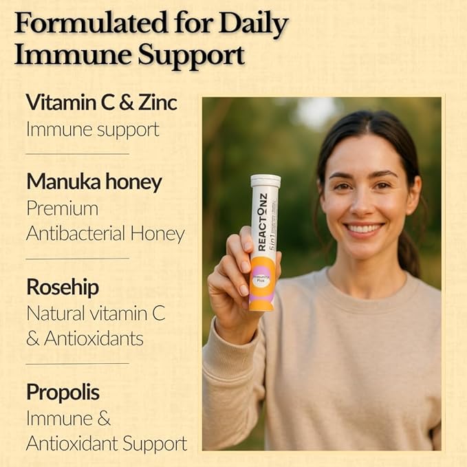 5 in 1 Immunity Plus – Immune Support & Antioxidant Supplement – Vitamin C, Zinc, Manuka Honey, Rosehip & Propolis – Natural Zesty Orange Flavor – 20 Day Supply Effervescent Tablets